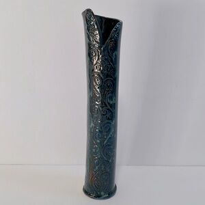 NEW Handmade Pottery Tall Vase with Swirl Design in Deep Blue & Brown